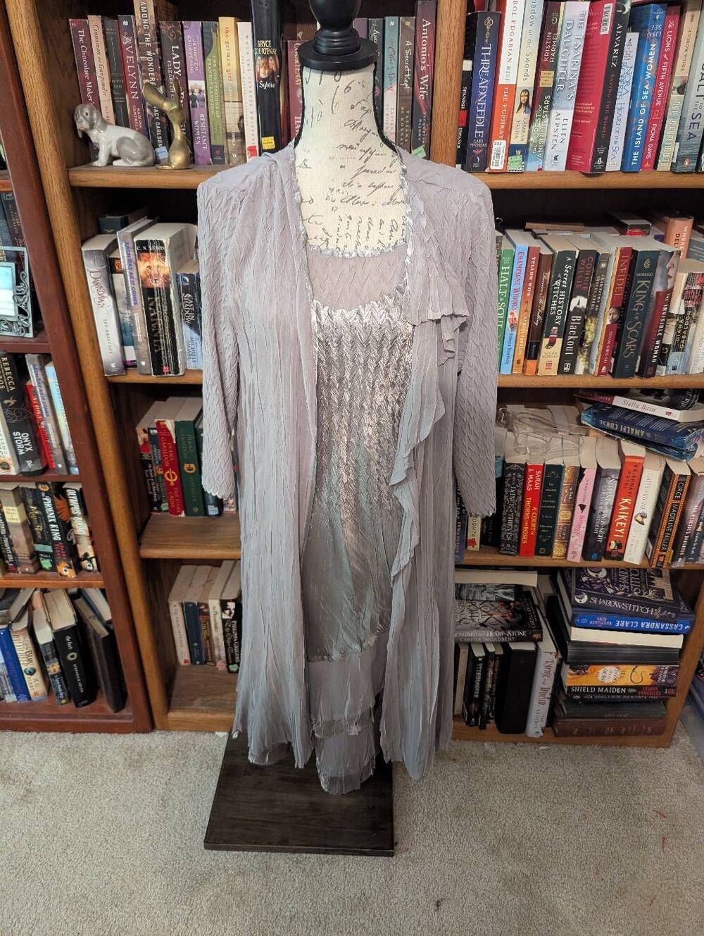 Komarov Large 2-Piece Dress & Ruffled Cardigan Jacket Set Pleated Silver Gray